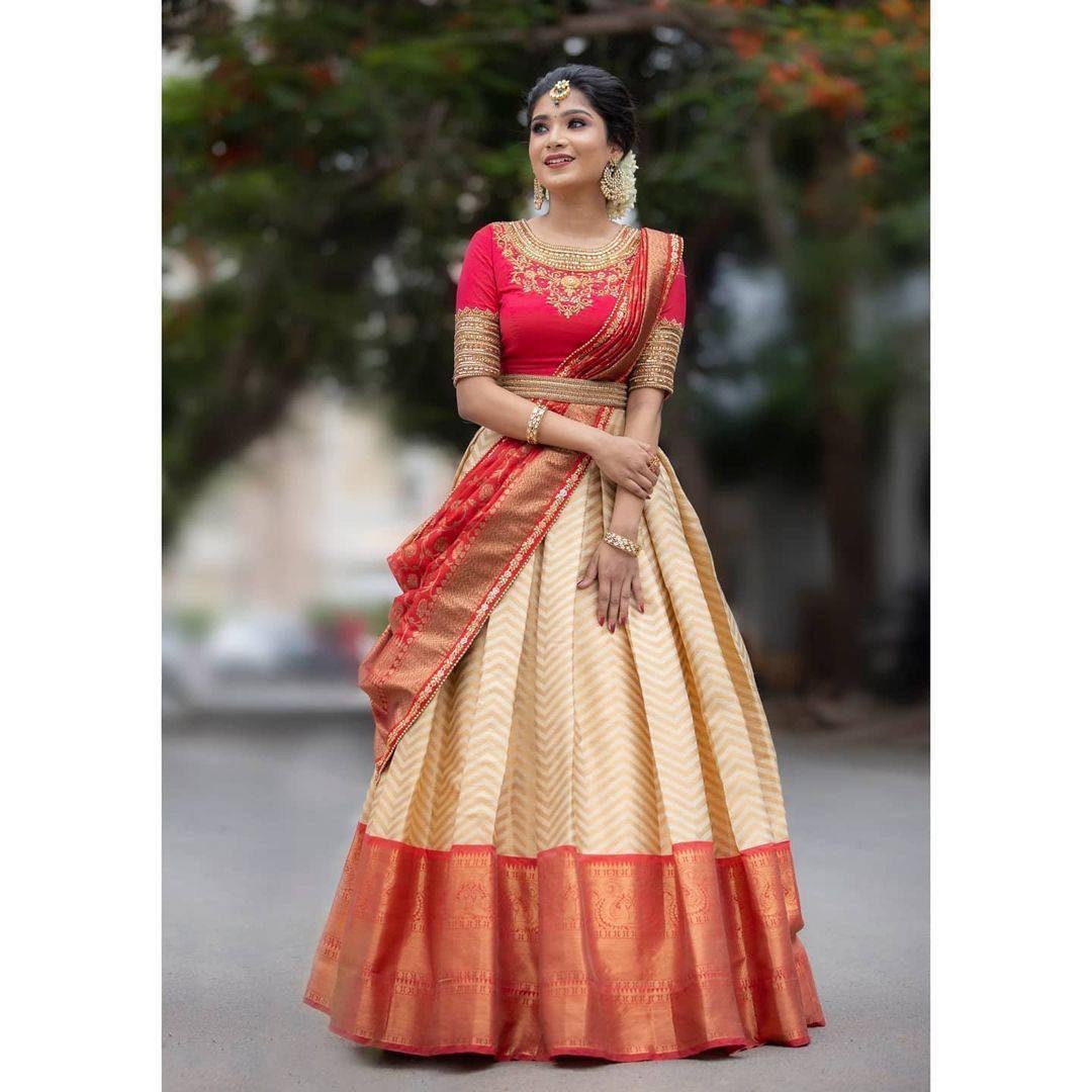 Ready to wear Kanchipuram Silk Saree gown of Half Saree Lehenga style AdiAshco