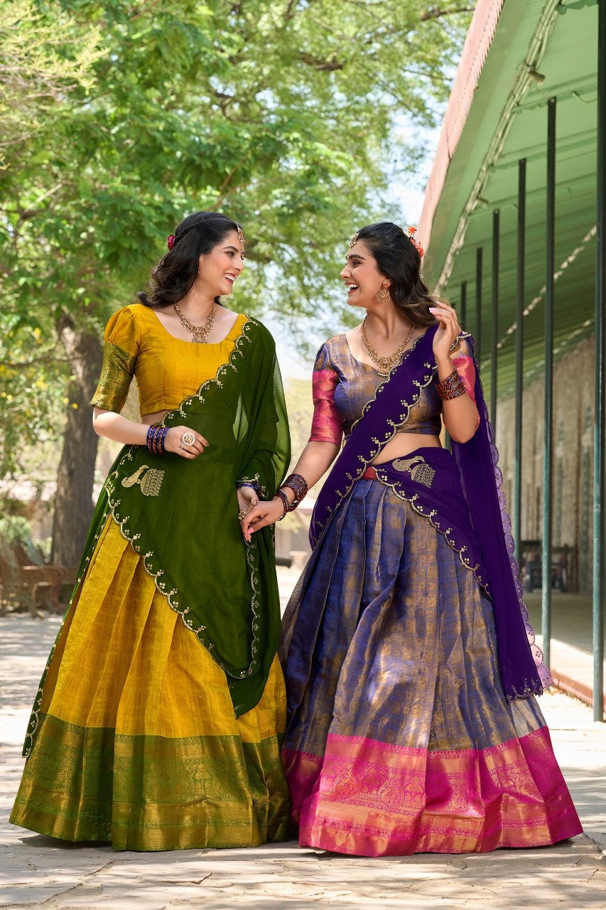 New banarasi silk half Saree lehenga pure zari waving offers south Indian wadding woman half saree lehenga with stitched Women blouse and lehenga