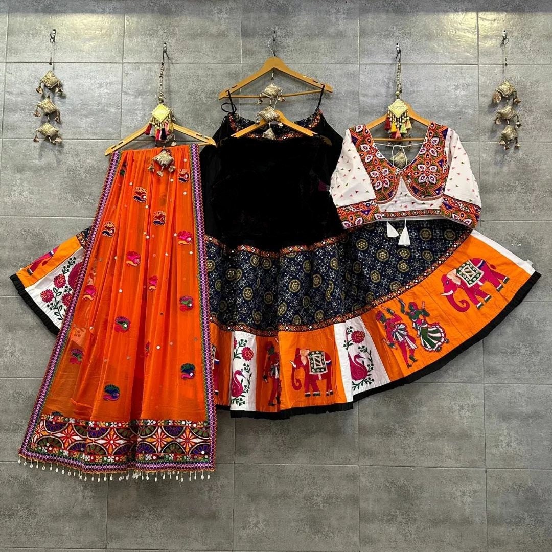 Navaratri Special Silk Lehenga Choli & Dupatta In Digital Print With Glued Real Mirror Work For Women For Garba Event, on sale Navratri Pooja