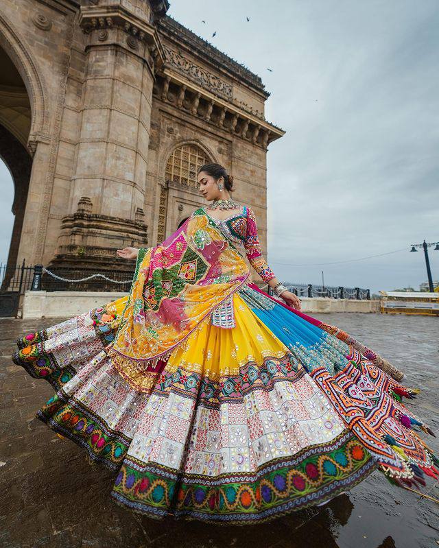 Orange and black Navratri Special Designer Lehenga Choli With Printed Butter Silk Material & pasted Mirror. Express shipping UK, offers US, Canada