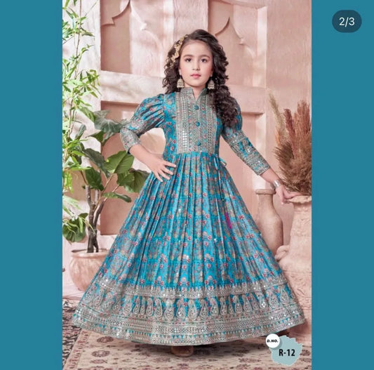 Rama Kids Gown With Digital Print and Embroidery Work in Chinon With Dupatta