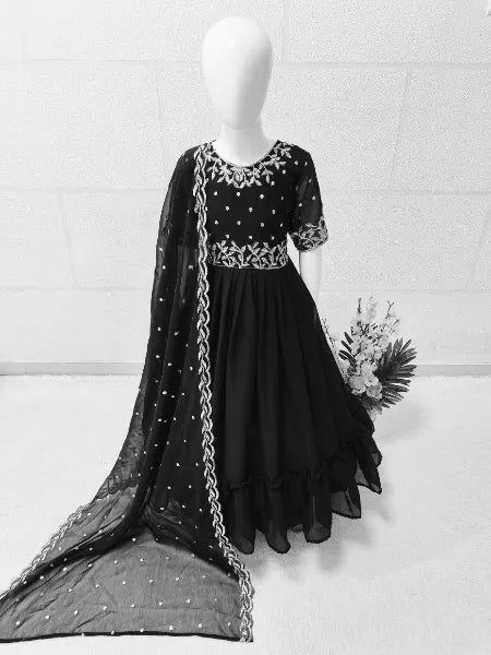 Black Color Kids Gown in Georgette With Embroidery and Frill Work With Dupatta