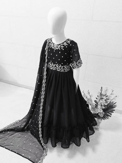 Black Color Kids Gown in Georgette With Embroidery and Frill Work With Dupatta