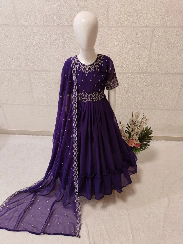 Purple Color Kids Gown in Georgette With Embroidery and Frill Work With Dupatta