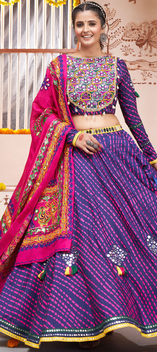 Spectrum-Blue Rayon Lehenga Choli With Print & Patch Work And Cotton Pink Duppatta