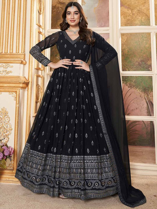 Foil Print V-Neck Long Sleeves Georgette Fit & Flare Ethnic Dress With Dupatta