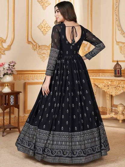 Foil Print V-Neck Long Sleeves Georgette Fit & Flare Ethnic Dress With Dupatta