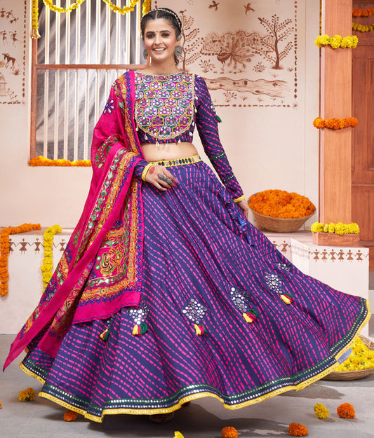 Spectrum-Blue Rayon Lehenga Choli With Print & Patch Work And Cotton Pink Duppatta