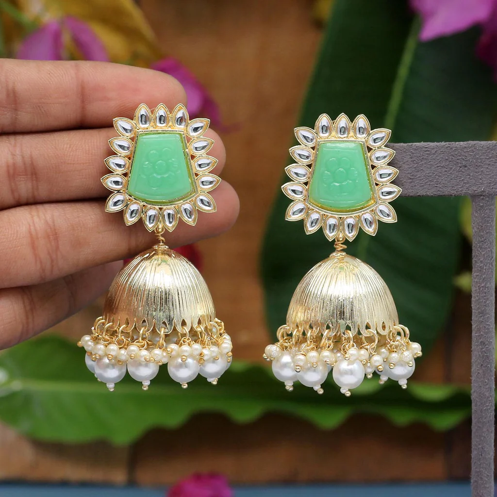 Parrot Green Color Antique Jhumki Earrings