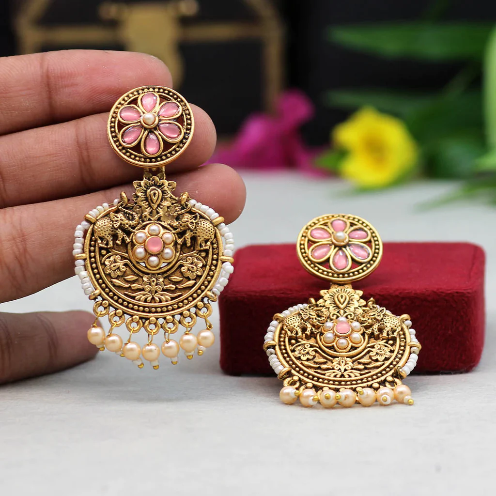 Pink Color Kundan Antique Earrings