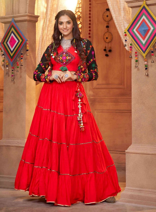 Radiate Red Thread Embroidered Rayon Navratri Lehenga Choli With Koti