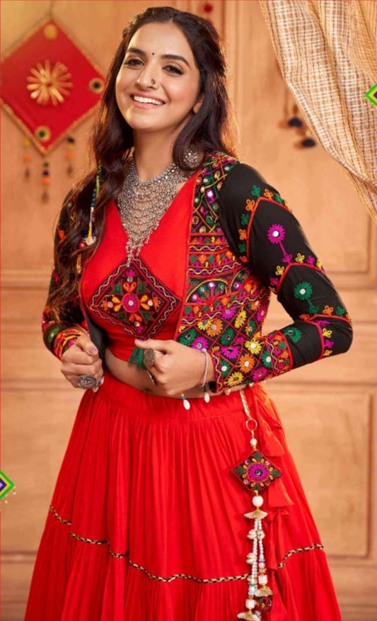 Radiate Red Thread Embroidered Rayon Navratri Lehenga Choli With Koti