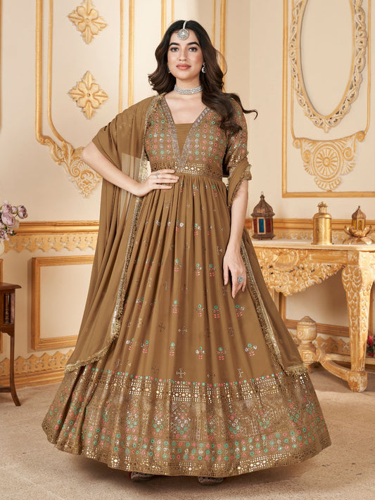 Brown Faux Georgette Metalic Multi Foil Work Stitched Gown With Dupatta For Women