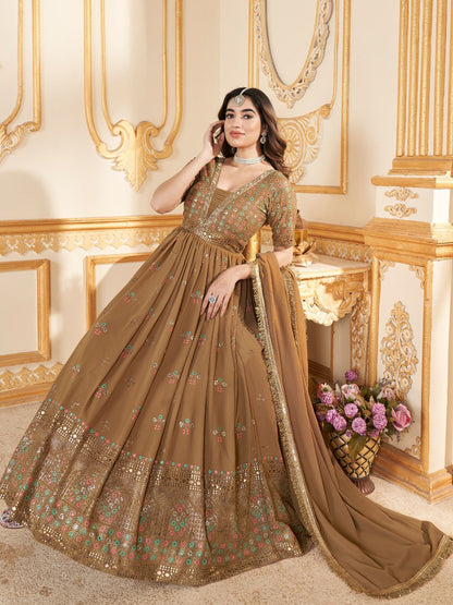 Brown Faux Georgette Metalic Multi Foil Work Stitched Gown With Dupatta For Women