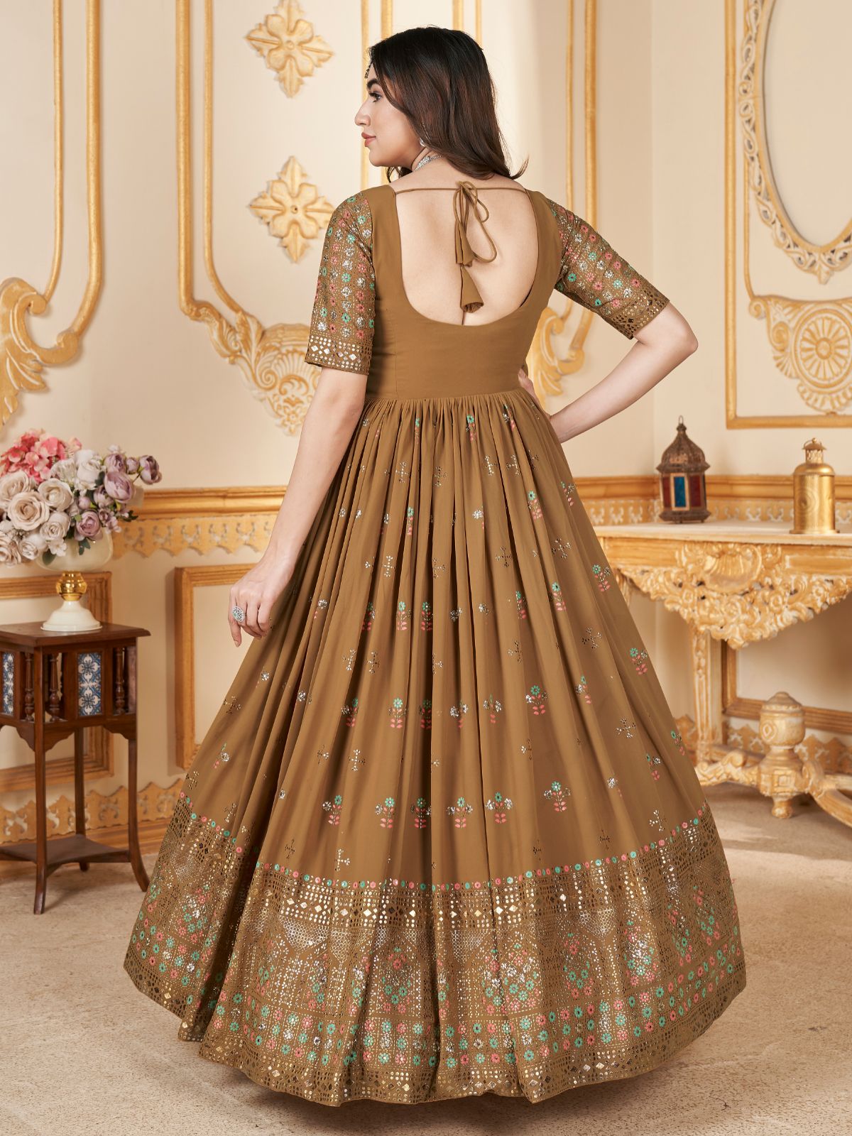 Brown Faux Georgette Metalic Multi Foil Work Stitched Gown With Dupatta For Women