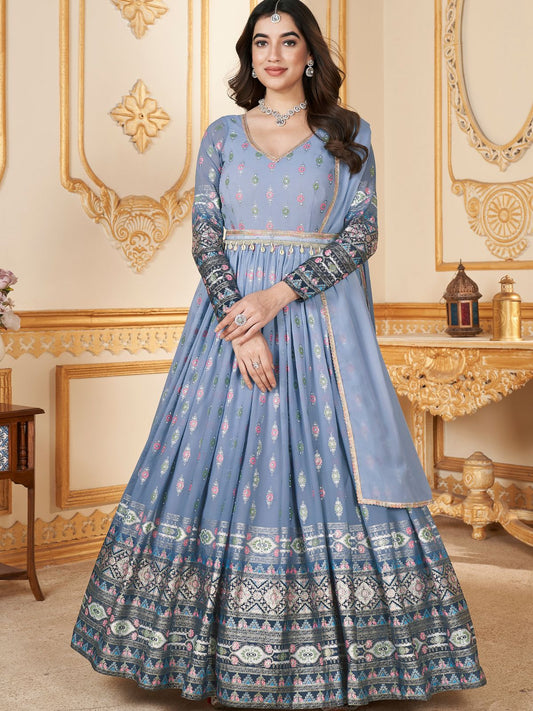 Light Blue Faux Georgette Metalic Multi Foil Work Stitched Gown With Dupatta For Women