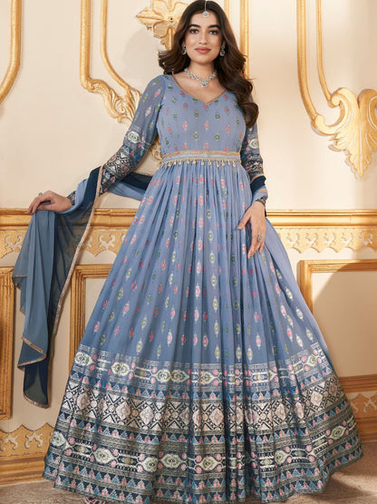 Light Blue Faux Georgette Metalic Multi Foil Work Stitched Gown With Dupatta For Women