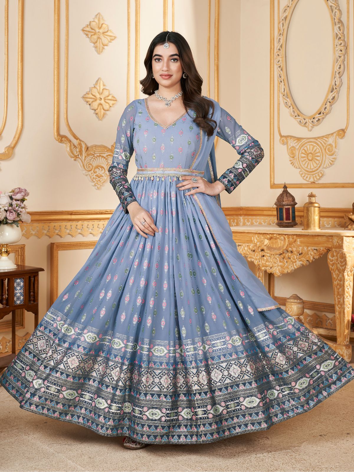 Light Blue Faux Georgette Metalic Multi Foil Work Stitched Gown With Dupatta For Women