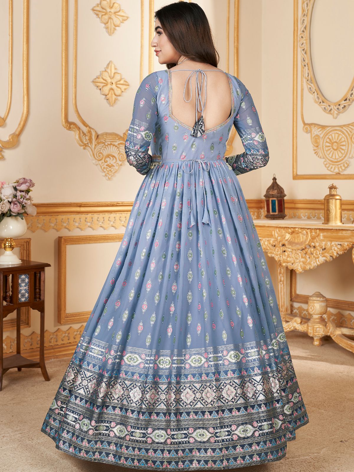 Light Blue Faux Georgette Metalic Multi Foil Work Stitched Gown With Dupatta For Women