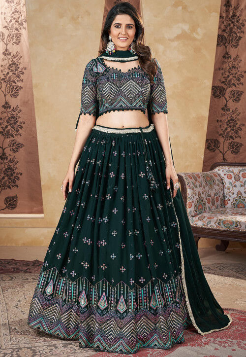 Digital Printed Georgette Lehenga in Dark Green