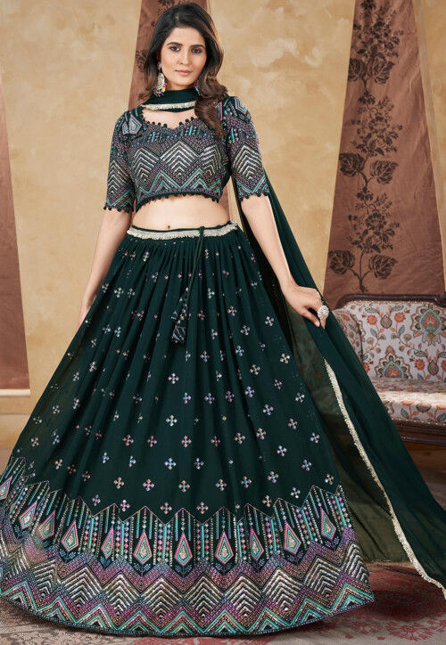 Digital Printed Georgette Lehenga in Dark Green