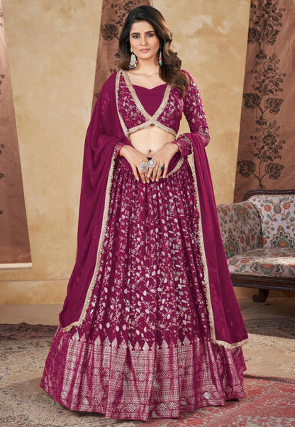 Foil Printed Georgette Lehenga in Magenta