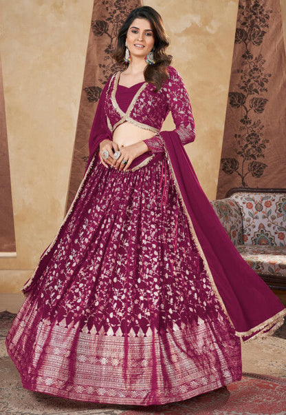 Foil Printed Georgette Lehenga in Magenta