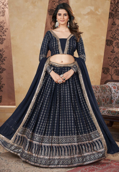 Foil Printed Georgette Lehenga in Navy Blue