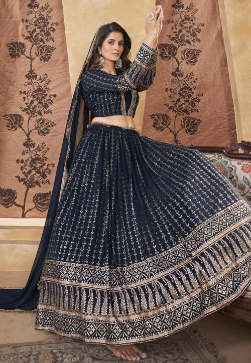 Foil Printed Georgette Lehenga in Navy Blue