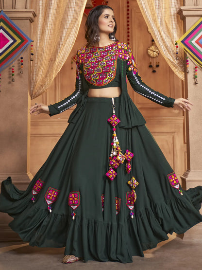 Bistro-Green Viscose Rayon Thread-Mirror Embroidered Lehenga Choli And Koti