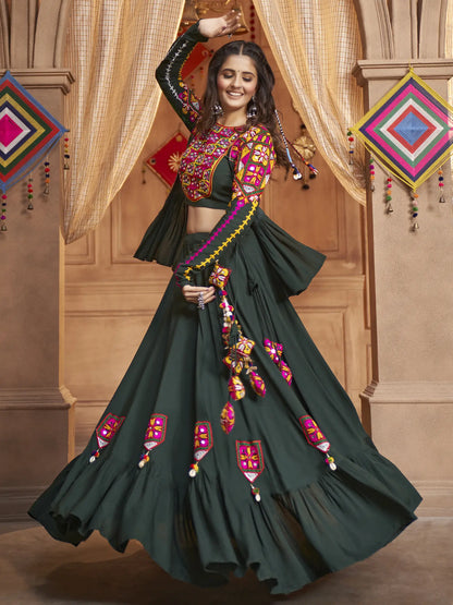 Bistro-Green Viscose Rayon Thread-Mirror Embroidered Lehenga Choli And Koti