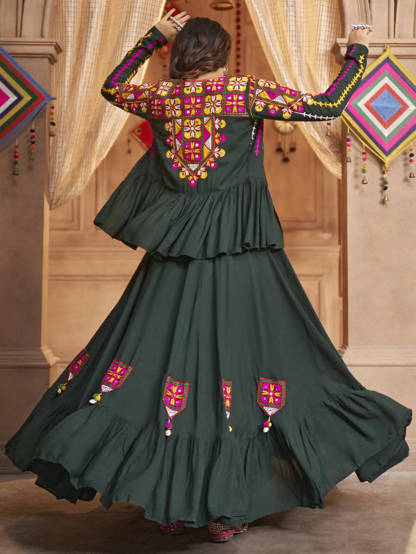 Bistro-Green Viscose Rayon Thread-Mirror Embroidered Lehenga Choli And Koti