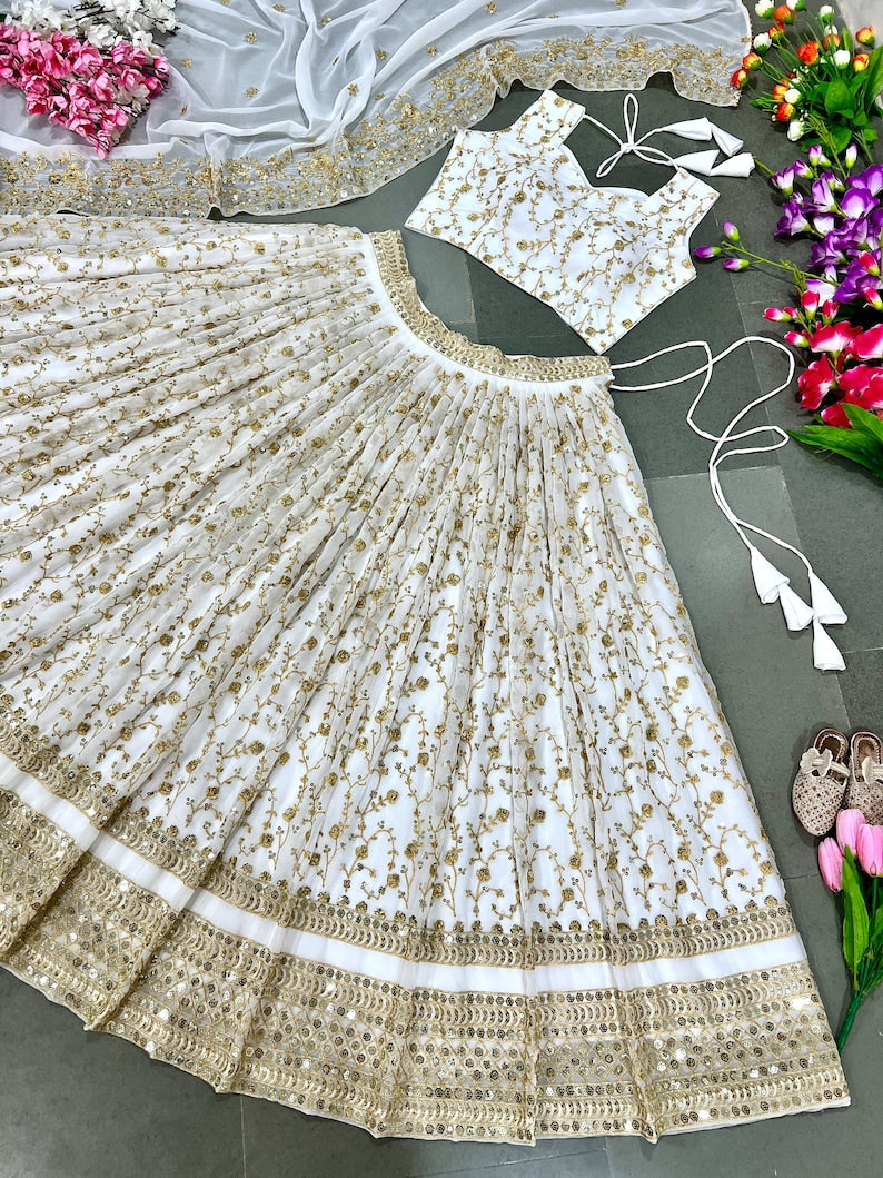 New designer white lehenga choli with Georgette work dupatta,partywear lehenga ,rakhi wear dress, lehenga for wedding party,navratri lehenga - Indian Clothing Store Christchurch, NZ | Buy Ethnic Wear Online– buizee Ethnic Indian Wear