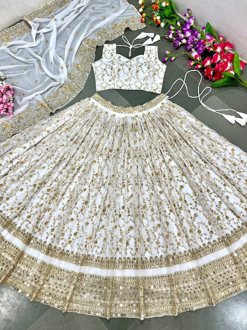 New designer white lehenga choli with Georgette work dupatta,partywear lehenga ,rakhi wear dress, lehenga for wedding party,navratri lehenga - Indian Clothing Store Christchurch, NZ | Buy Ethnic Wear Online– buizee Ethnic Indian Wear