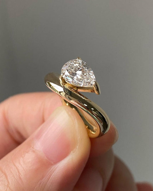 1.50 CT Pear Cut Moissanite Unique Ring, Solid 10K /14K /18K Yellow Gold Ring