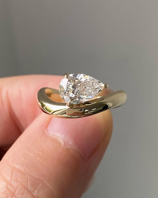 1.50 CT Pear Cut Moissanite Unique Ring, Solid 10K /14K /18K Yellow Gold Ring