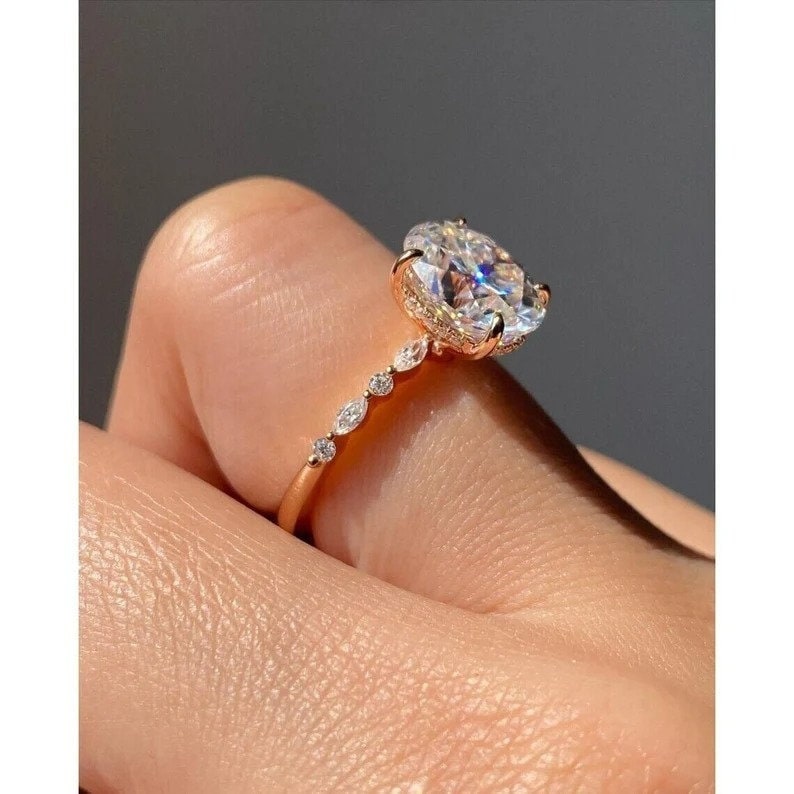 3CT Oval Cut Cubic Zirconia Ring, 14K Solid Gold Over Diamond Ring, Solitaire Ring, Silver Ring