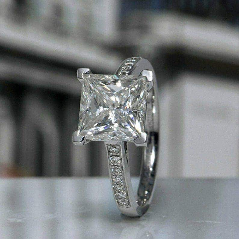 3 CT Princess Cut Moissanite Ring, Gifts Ring For Her, 14K White Gold Ring, Ring, 4 Prong Solitaire Ring