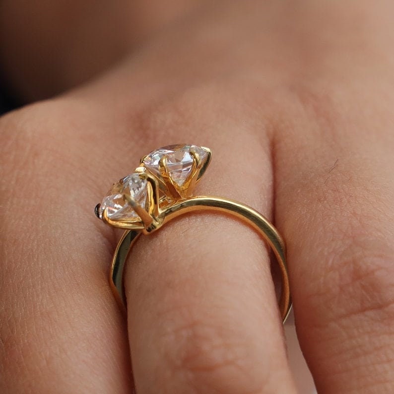 Double Round Stone Moissanite Ring, Round Diamond Cut Ring, 14K Gold Ring, 2 Stone Solitaire Ring