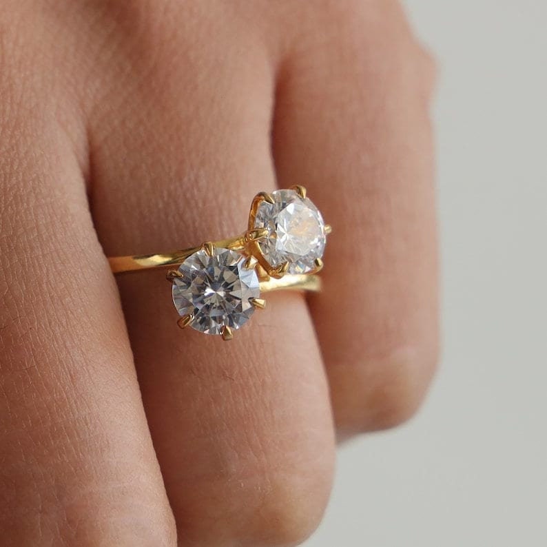 Double Round Stone Moissanite Ring, Round Diamond Cut Ring, 14K Gold Ring, 2 Stone Solitaire Ring