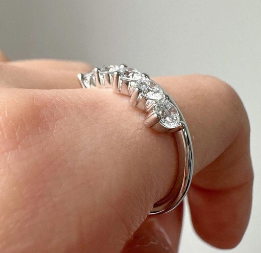 Round Cut Moissanite Band 5 Stone Band Rings Band 14K Solid White Gold Band Ring