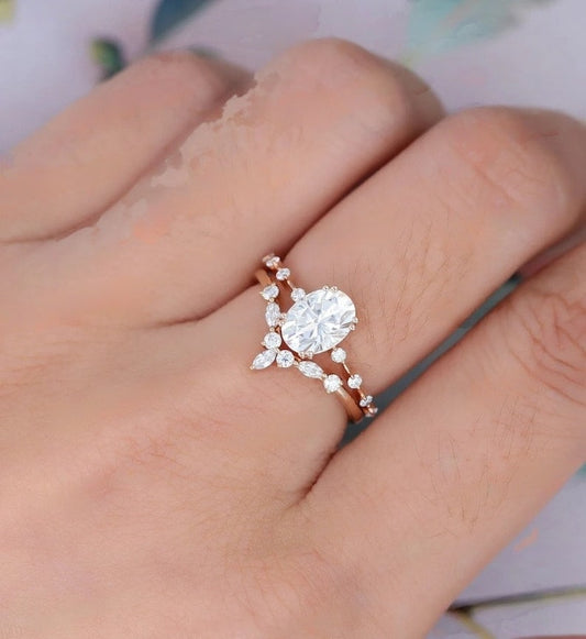 1.25 Ct Oval moissanite ring set, Rose gold ring, vintage ring