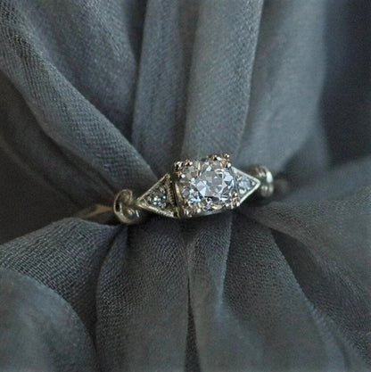 Art Deco Antique Round Moissanite Ring, Vintage Ethical Solid White Gold Ring