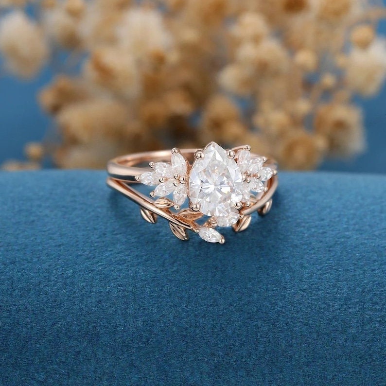 1.25 Ct Pear Moissanite Ring Set, Cluster Rose Gold  Ring, Promise gift