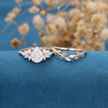 1.25 Ct Pear Moissanite Ring Set, Cluster Rose Gold  Ring, Promise gift