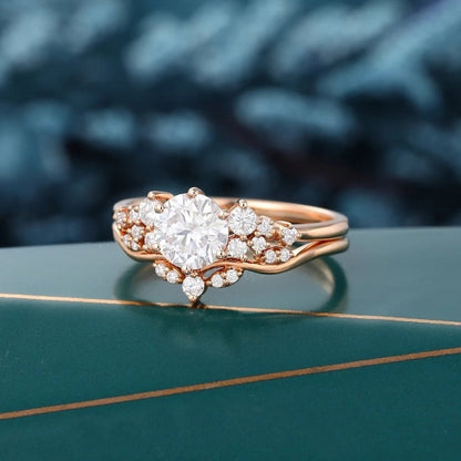 Vintage Round Moissanite ring set, 10/14k Rose gold ring, Round Diamond cluster ring