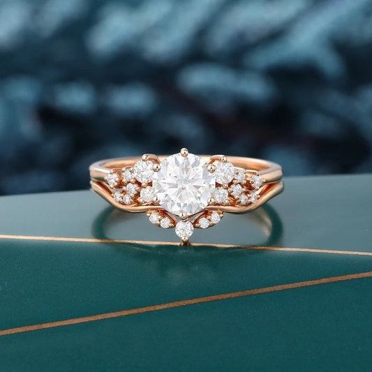 Vintage Round Moissanite ring set, 10/14k Rose gold ring, Round Diamond cluster ring