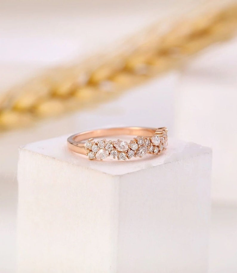 Vintage moissanite band, unique band, pear cut band, stacking band, matching band, rose gold band