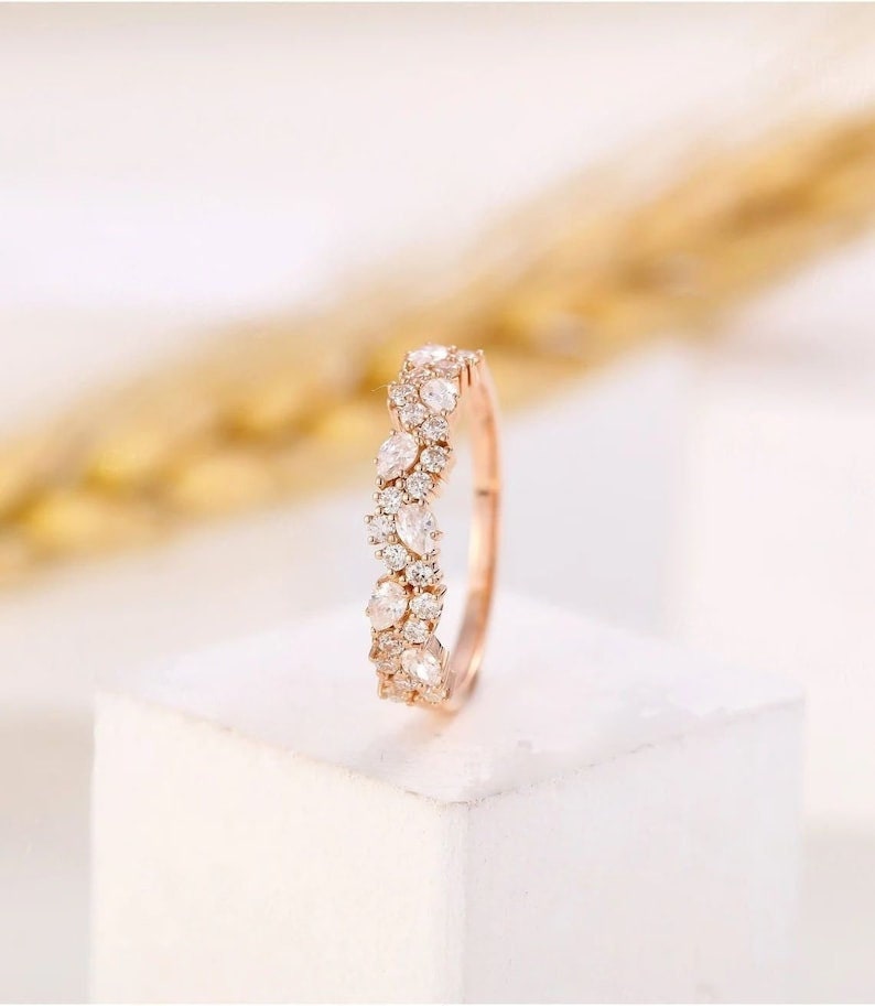 Vintage moissanite band, unique band, pear cut band, stacking band, matching band, rose gold band