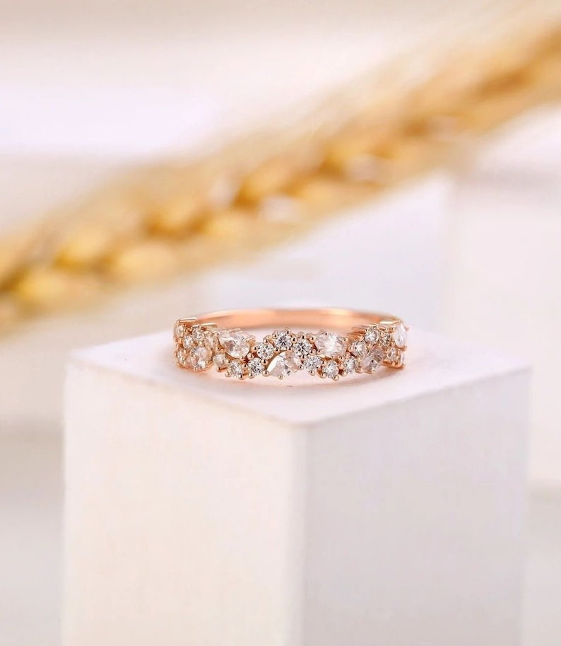 Vintage moissanite band, unique band, pear cut band, stacking band, matching band, rose gold band